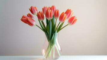 Photo of tulips in minimalist transparent vase as houseplant for home decoration on warm color background. Generative AI