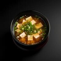 Food photography of Miso Soup on black bowl isolated on dark background. Generative AI photo