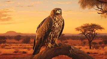 Photo of Martial Eagle on savanna at sunset. Generative AI