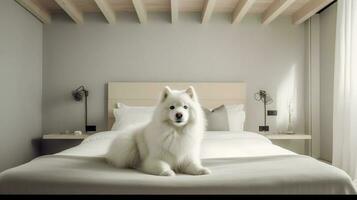 Samoyed dog lying on bed in hotel with contemporary interior design. Generative AI photo