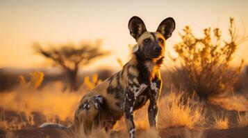 Photo of African Wild Dog on savanna at sunset. Generative AI