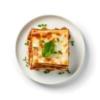 Food photography of Lasagna on plate isolated on white background. Generative AI photo