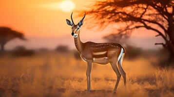 Photo of Thomsons Gazelle on savanna at sunset. Generative AI