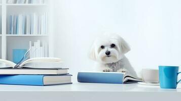 un maltés perro en un suéter se sienta estudiando acompañado por un taza y pila de algo de libros. generativo ai foto