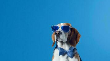 foto de arrogante beagle utilizando Gafas de sol y oficina traje en blanco antecedentes. generativo ai