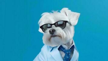 Photo of haughty Maltese dog using glasses  and office suit on white background. Generative AI