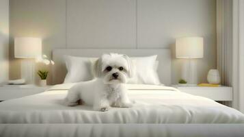 shih tzu perro acostado en cama en hotel con contemporáneo interior diseño. generativo ai foto