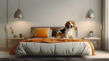 beagle dog lying on bed in hotel with contemporary interior design. Generative AI photo