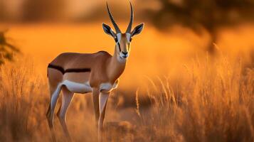 Photo of Grants Gazelle on savanna at sunset. Generative AI