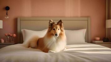 Rough collie dog lying on bed in hotel with contemporary interior design. Generative AI photo