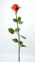 Photo of one stalk of rose flower isolated on white background. Generative AI