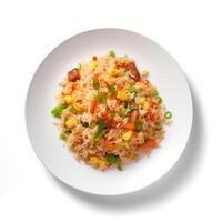 Photo of Fried Rice on plate  isolated on white background. Created by Generative AI