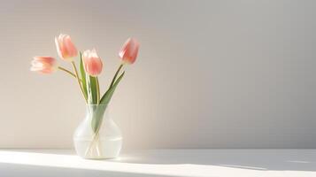 Photo of tulips in minimalist transparent vase as houseplant for home decoration on warm color background. Generative AI