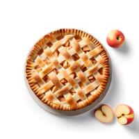 Photo of Apple pie on plate isolated on white background. Created by Generative AI