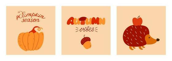 otoño estado animico saludo tarjeta póster modelo. minimalista tarjeta postal naturaleza bellota, calabaza y erizo con manzana. vector