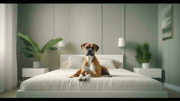 boxer dog lying on bed in hotel with contemporary interior design. Generative AI photo