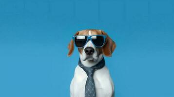 Photo of haughty Beagle using sunglasses  and office suit on white background. Generative AI