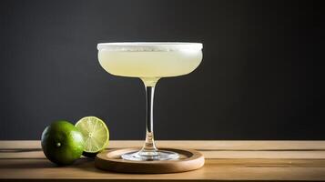 Food photography of margaritas with lemon wedges on wooden table isolated on dark background. photo
