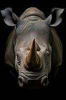 cerca arriba foto de rinoceronte en negro antecedentes. generativo ai