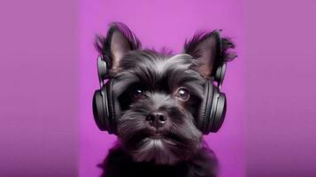 foto de affenpinscher utilizando auricular en púrpura antecedentes. generativo ai