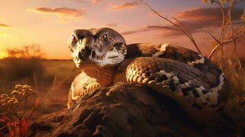 Photo of African Rock Python on savanna at sunset. Generative AI