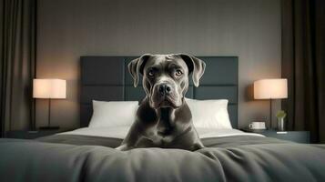 cane corso dog lying on bed in hotel with contemporary interior design. Generative AI photo