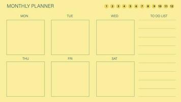 Abstract simple minimalist design monthly planner in light yellow color. This weekly planner will track your work and organize your task. vector