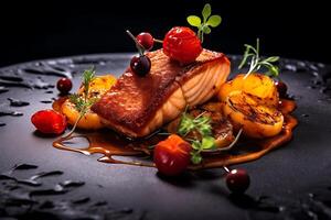 Roasted salmon with vegetables, a flavorful and healthy dish. photo