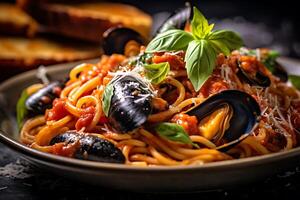 Mediterranean meal Cooked pasta spaghetti with shellfish. photo