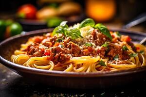 Delicious spaghetti bolognese with flavorful tomato sauce and fragrant basil. photo