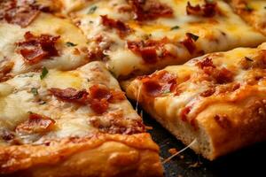 delicioso y sabroso Pizza rebanada coronado con campana pimienta, verduras, y queso. ai generativo foto