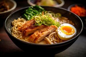 Savory ramen bowl with tender pork belly and soft-boiled eggs. photo