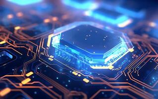 Macro electronic circuit boards with integrated microchips on a motherboard for enhanced performance and functionality. photo