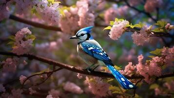 A joyful blue and white bird perched on a tree branch, spreading its wings. AI Generative photo