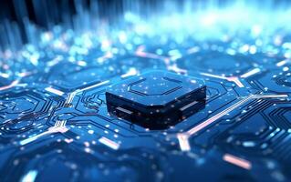 Macro electronic circuit boards with integrated microchips on a motherboard for enhanced performance and functionality. photo