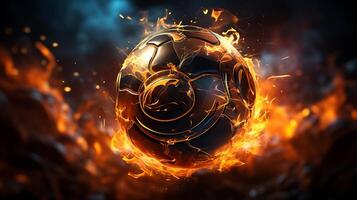 A soccer ball on fire with a fireball in the background. photo