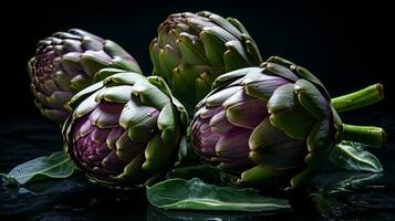 Fresh Artichokes isolated on dark background. AI Generative photo