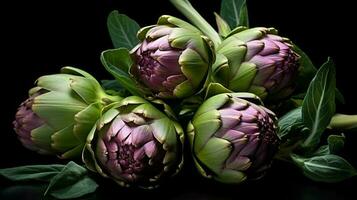 Fresh Artichokes isolated on dark background. AI Generative photo