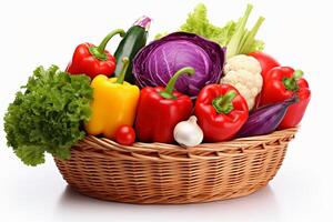 A basket with various fresh different vegetables isolated on white background. AI Generative photo