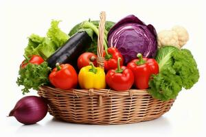 A basket with various fresh different vegetables isolated on white background. AI Generative photo