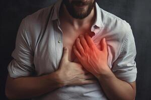 hombre teniendo corazón ataque cuidado de la salud concepto. ai generativo foto