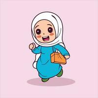 Cute moslem woman kids character Cartoon Vector Icon Illustration. Flat Cartoon Style