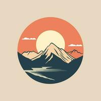 Vintage styled mountain logo, sticker, or poster template featuring a sunset above the silhouette of mountain peaks. Vector illustration.