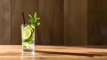 Food photography of mojito on wooden table. Generative AI photo