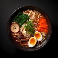 Food photography of Ramen on dark bowl isolated on dark background. Generative AI photo