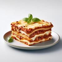 Food photography of Lasagna on plate isolated on white background. photo