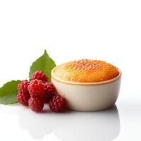 Photo of Creme Brulee with berries isolated on white background. Created by Generative AI