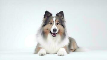 Photo of a rough collie on white background. Generative AI