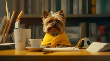 un Yorkshire terrier perro en un amarillo suéter se sienta estudiando acompañado por un taza y pila de algo de libros foto