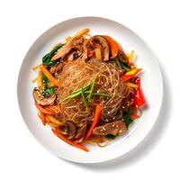 Photo of Japchae on plate isolated on white background. Created by Generative AI